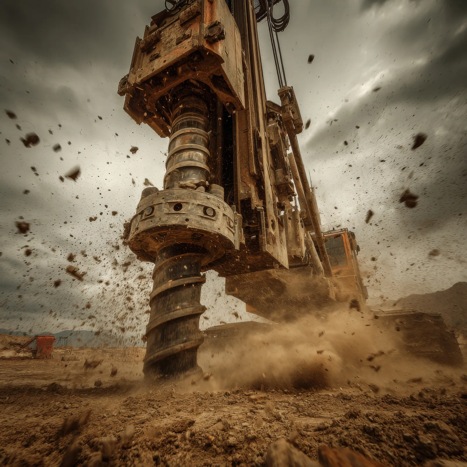 Drill bit turning into the ground with soil thrown up around it